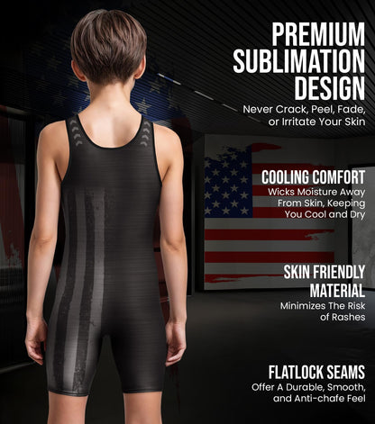 Exxact Sports Patriot Youth Wrestling Singlet For Boys, Premium Powerlifting Singlet, Kids Wrestling Singlets For Training (YXS, Black)