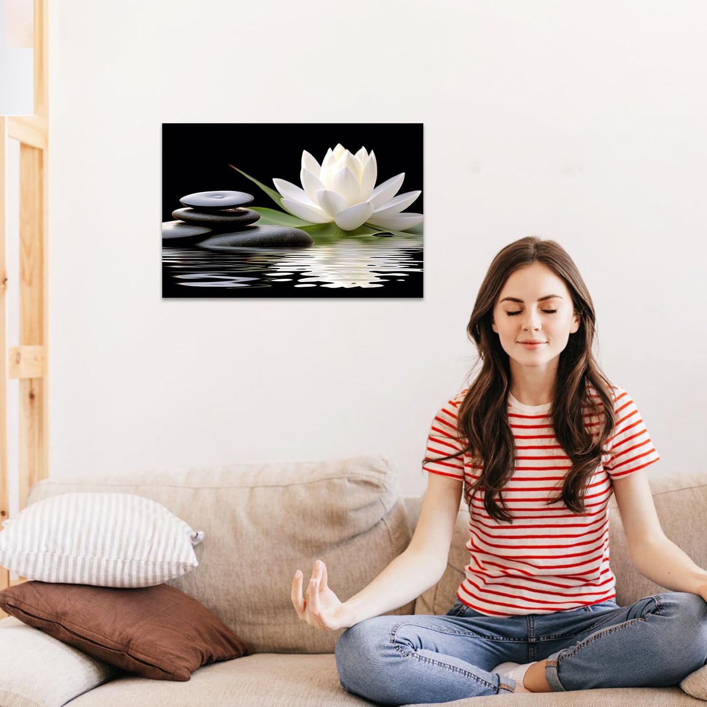 CCWACPP Zen Canvas Wall Art White Lotus Bloom in Water Picture Flowers Stone Spa Painting for Yoga Meditation Room Bathroom Prints Wall Decor Frame (Zen - 2, 16x24inch)