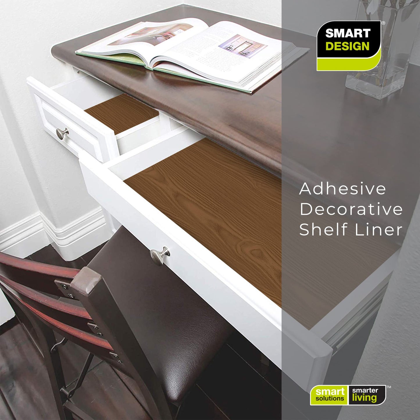 Smart Design Adhesive Shelf Liner - 18 in x 20 ft Roll - Easy Cut, Peel, and Self Stick Decorative Vinyl Film - Cabinet, Drawer, Countertop, Table, Dresser Cover - Kitchen - Light Oak Wood Brown