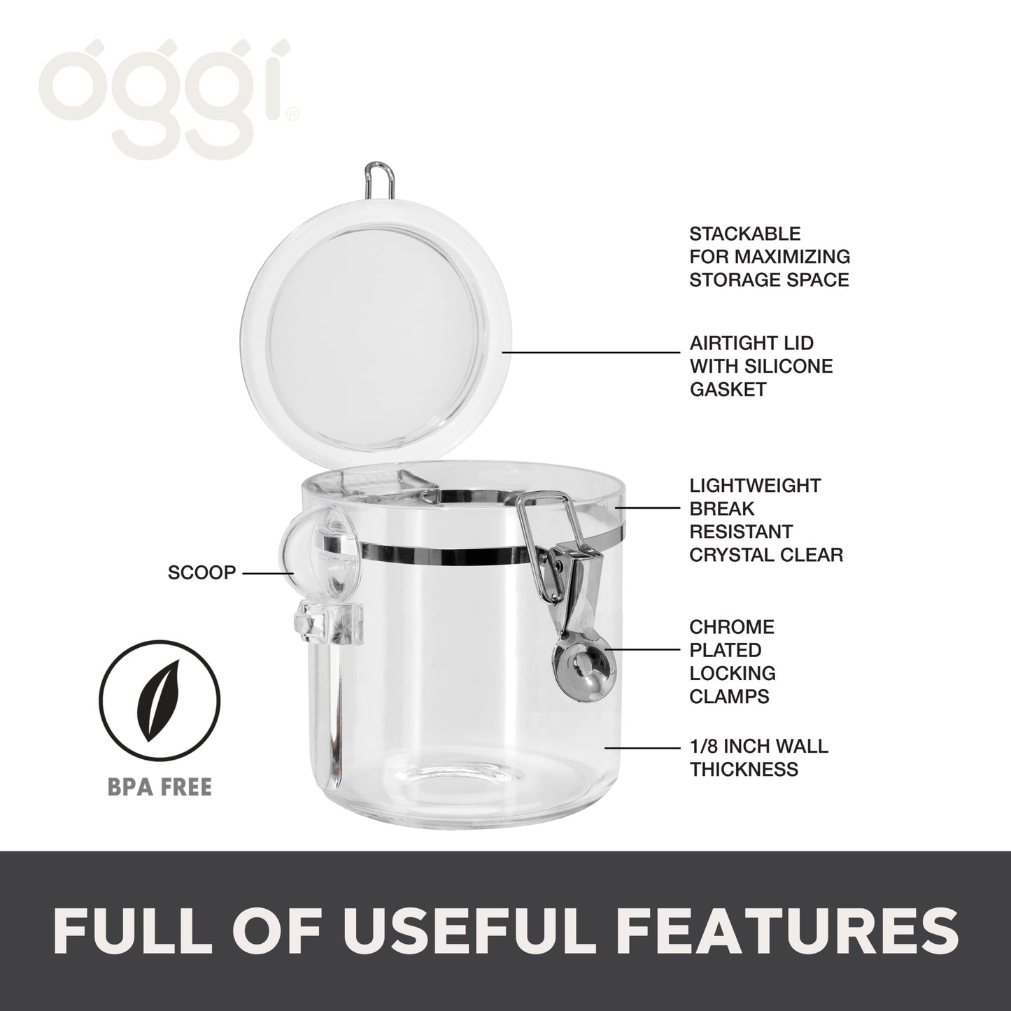 Oggi 4pc Clear Canister Set with Clamp Lids & Spoons - Airtight Food Storage Containers, Ideal for Kitchen & Pantry Storage of Bulk, Dry Food Including Flour, Sugar, Coffee, Rice, Tea, Spices & Herbs