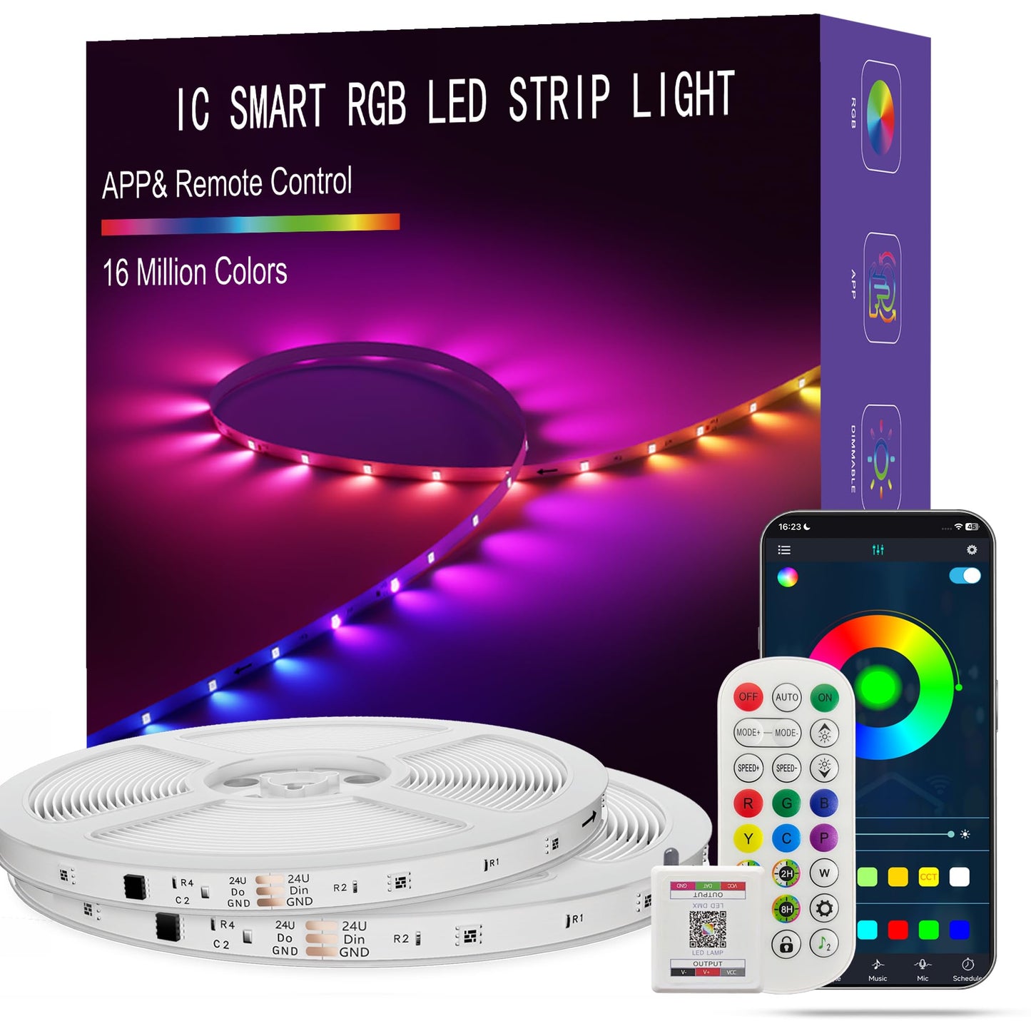 ATHONO Led Lights for Bedroom 130FT Smart IC+RGB, Music Sync Color Changing Strip Lights, 24Key Remote+App Control Light Strip for BedHead,Underbed,Ceiling,Background Wall(2Rolls of 65.6FT)