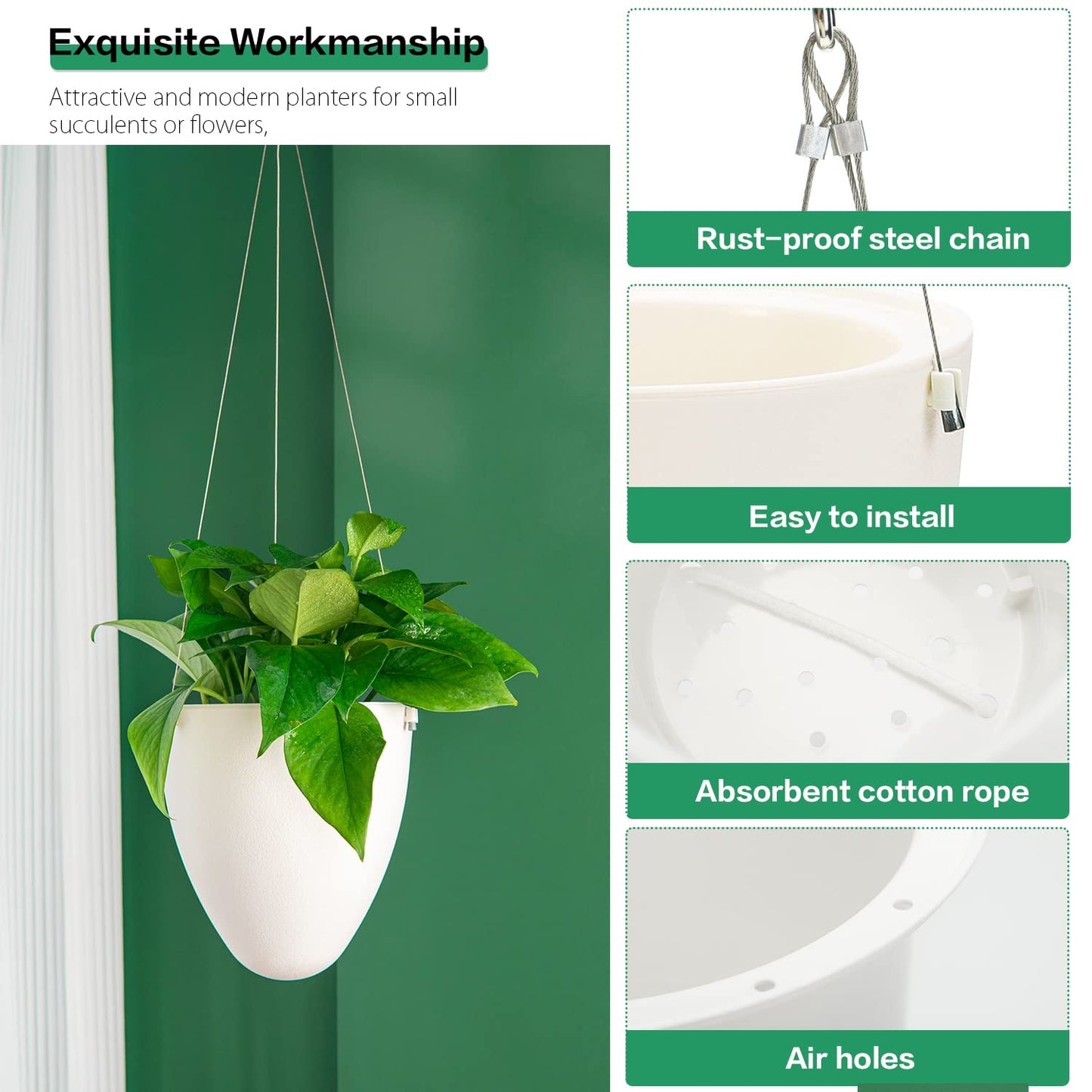 Sungmor 3 Pack Self Watering Hanging Planters, Unique Eggshell Shape Indoor Outdoor Hanging Pots for Plants, Modern White Plastic Flower Pots Home Decor Hanging Basket