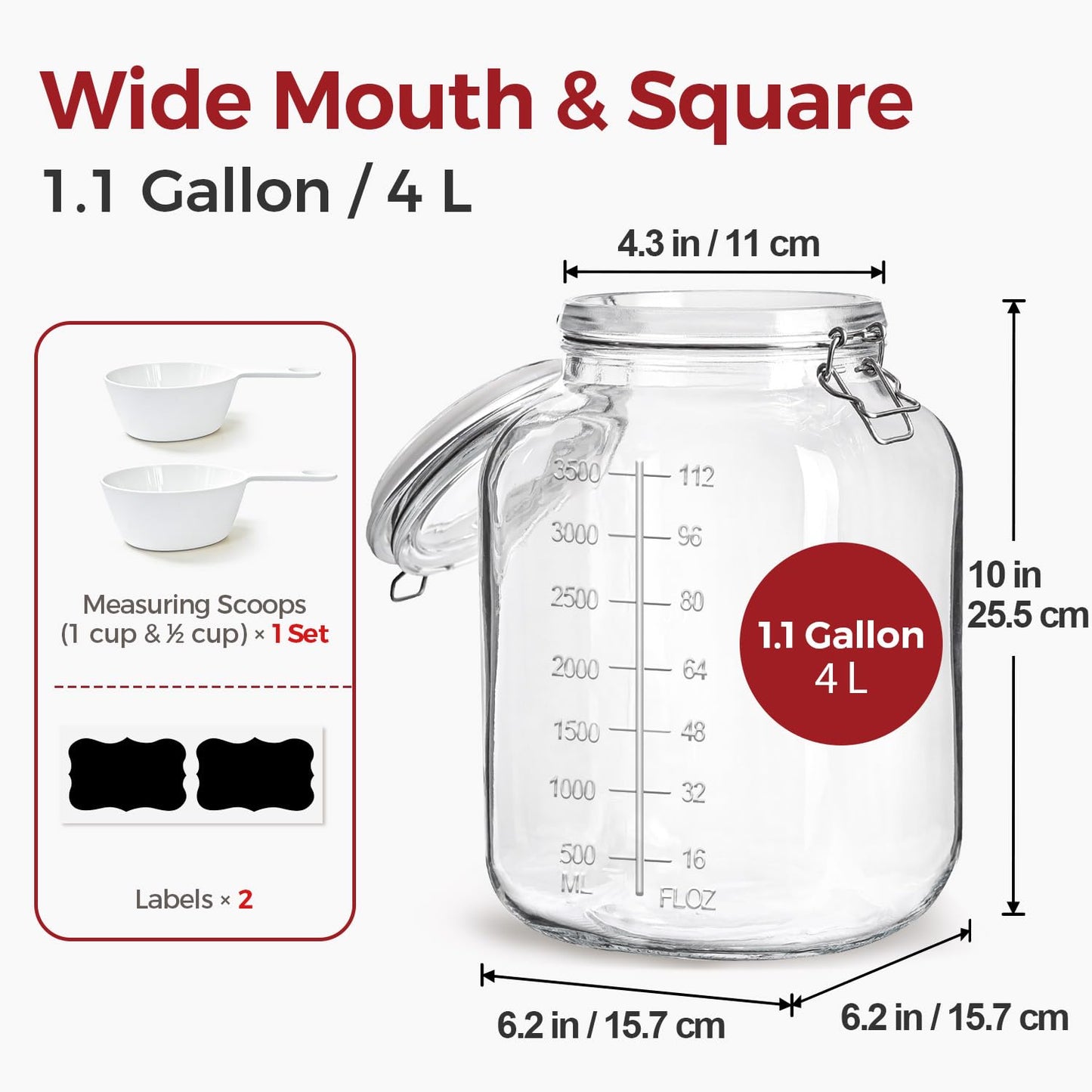 KTMAMA 1.1 Gallon Wide Mouth Glass Canisters with Airtight Lids & Measurement Marks (2-Pack) – Includes 2 Measuring Scoops & Labels, Food Storage Jars for Flour, Sugar & Baking Supplies | BPA-Free