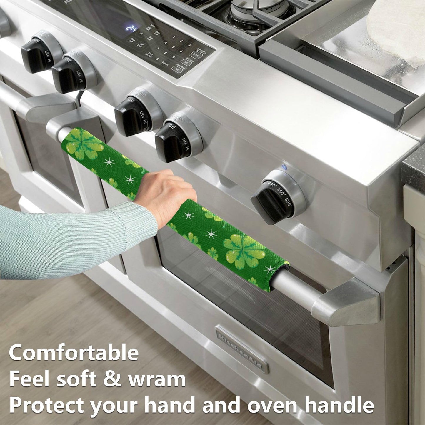 Eionryn St Patricks Day Shamrock Refrigerator Door Handle Covers Clover Stars Green Kitchen Appliances Gloves for Microwave Dishwasher Fridge Door Cloth Protector 2pcs