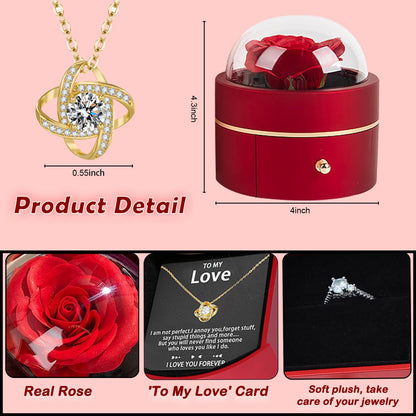 Preserved Handmade Rose Box with Four Leaf Clover Necklace, Jewelry Boxes Poetry Roses Gifts for Women Her Mom Wife Girlfriend on Valentines,Mother's Day with ''To My Love'' Card (Romantic Red)