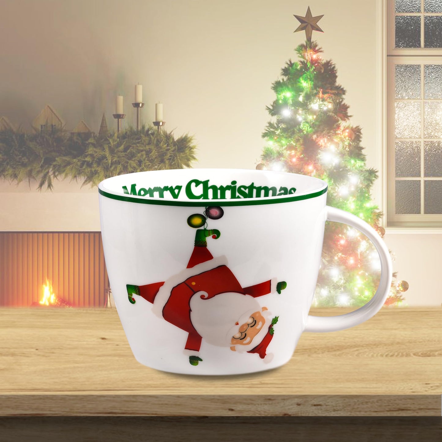 fMSDD Merry Christmas Coffee Mug Huge Novelty Cup Funny Ceramic Soup Bowl with Handle, 30 oz Wide, Multi-purpose, Santa Mug for Co-workers, Friends, Holiday Decor, White Green Letters