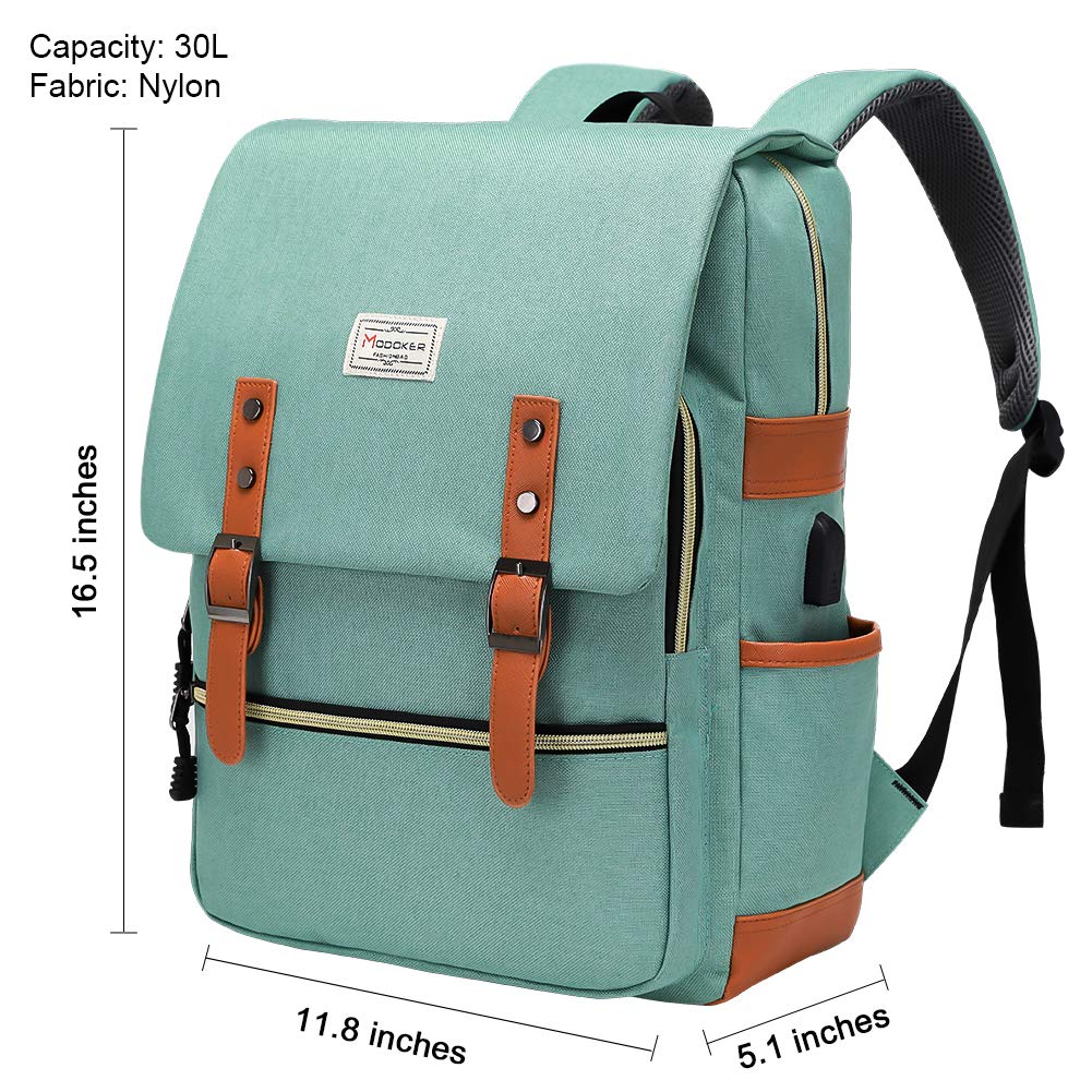 MODOKER Vintage Women Laptop Backpack with USB Charging Port, School College Backpack for Women Men Fashion Backpack Fits 15.6Inch Notebook, Slim Casual Travel Daypack Bookbag Green