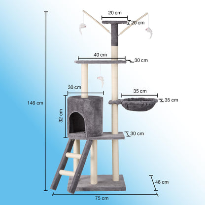 Milo & Misty Cat Tree – 146cm Play Cat Tower with Sisal Scratching Posts for Indoor Kittens, Multi Level House, Large Climbing Frame with House, Ladder and Hammock – Grey