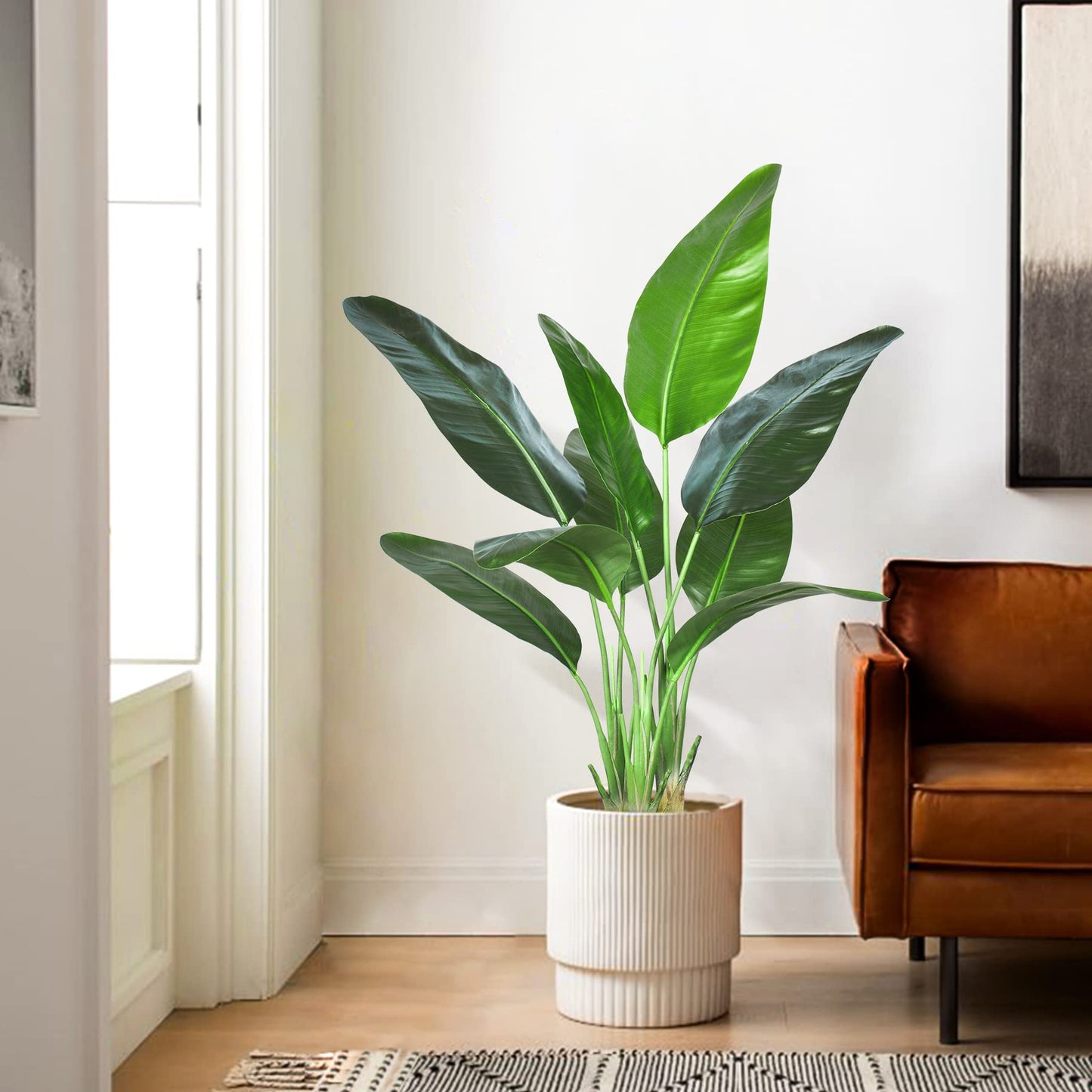 HAIHONG Artificial Bird of Paradise Plant,Faux Palm Tree Potted Plant with Real Touch Leaves,Fake Trees for Home Living Room Office Indoor Outdoor Decor(4FT-1Pack)