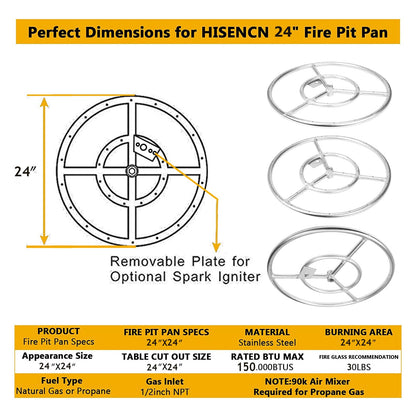 Hisencn Fire Pit Burner Ring Kit 24 Inch, 304 Stainless Steel Fire Pit Insert Round with Spark Ignition and Propane Hose Kit for Indoor or Outdoor Fire Table, LP and Propane Gas Fire Pits