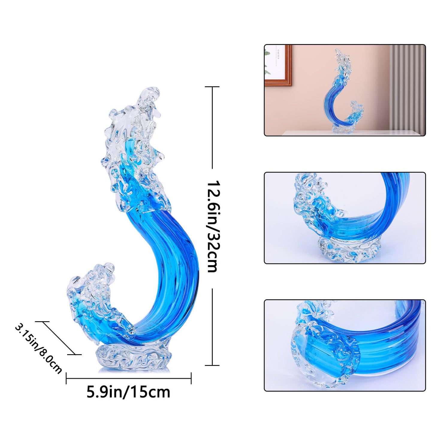 LCCCK Blue Glass Beach House Decor, Hand Blown Ocean Wave Decorate, Tall Blue Glass Sculpture Home Decor, Ocean Wave Fused Art Figurines, for Sea Art Beach Coastal Nautical Office Surfers Gifts