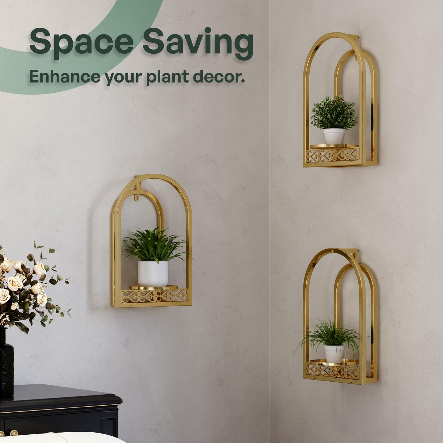 Rioneta Wall Hanging Planters, Modern Iron Frame for Indoor/Outdoor Plants, Stylish Decor for Living Room, Garden, Patio 3 Pack Gold（No Light）