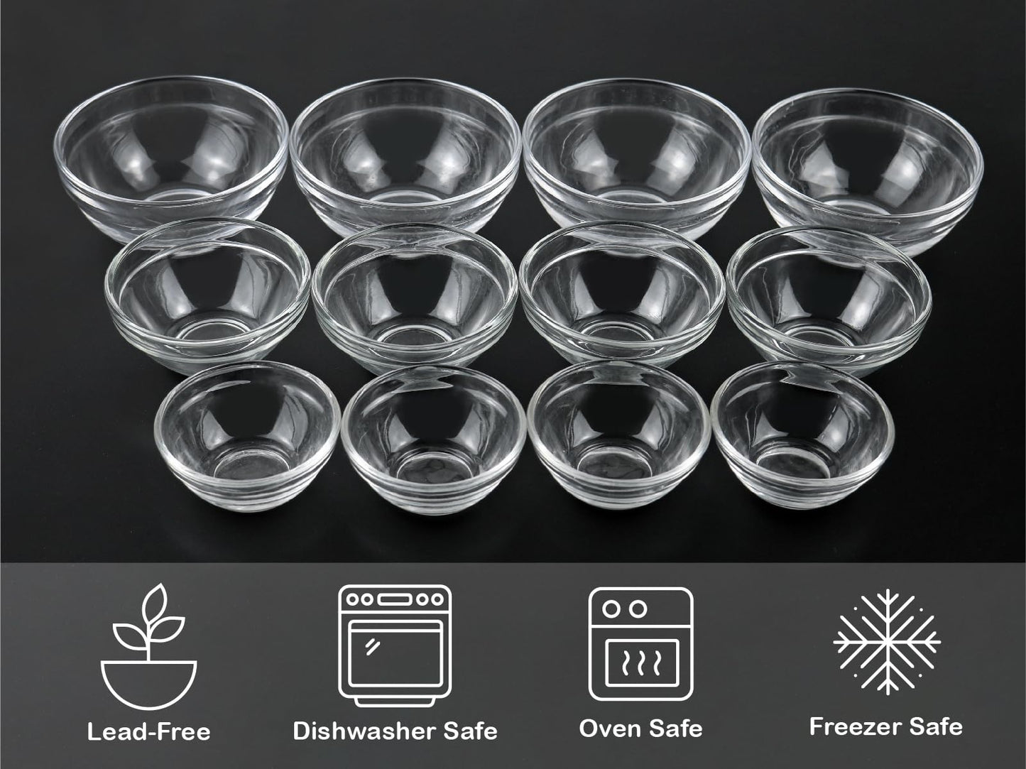 1 Pack Glass Honey Dipper, 6 Inches Clear Drizzler for Honeypot, Honeycomb Spoon Mixing Stirrer + 3 Sizes of Glass Prep Bowl Sets, Small Pinch Bowls for Salt, Spices, 1.5oz/2.5oz/3.5oz, Set of 12
