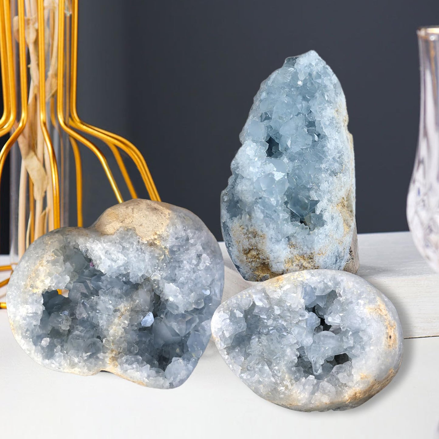 MOGEMT Raw Blue Celestite Crystal Geode Natural Healing Crystal Cluster Large Irregular Celestine Stone Home Decor 2-3 Lbs