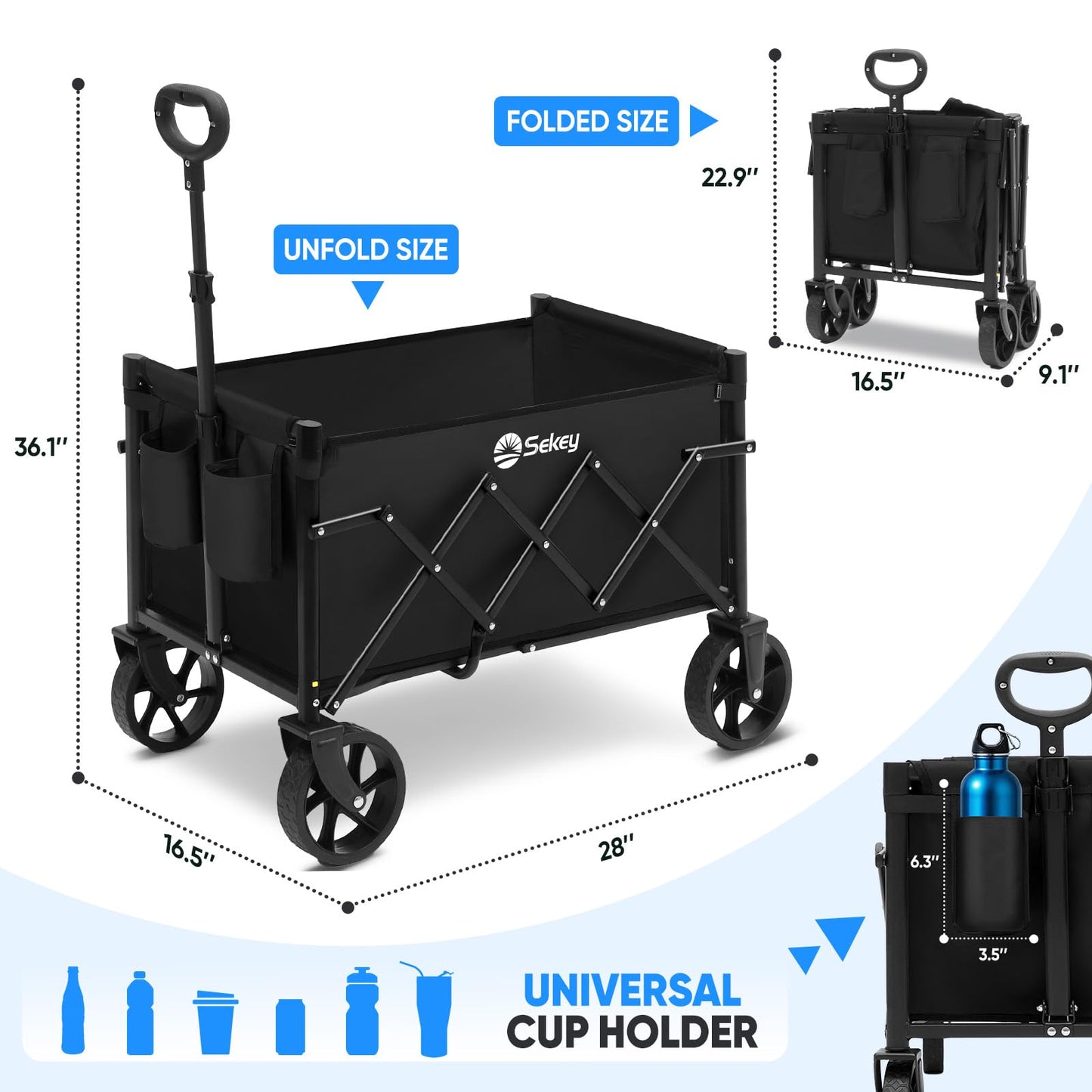 Sekey 220LBS Folding Festival Trolley on Wheels, Heavy Duty Camping trolley with All-Terrain Wheels, Portable Beach wagon, Adjustable Handle, Space-Saving Cart for Shopping Outdoor - Black