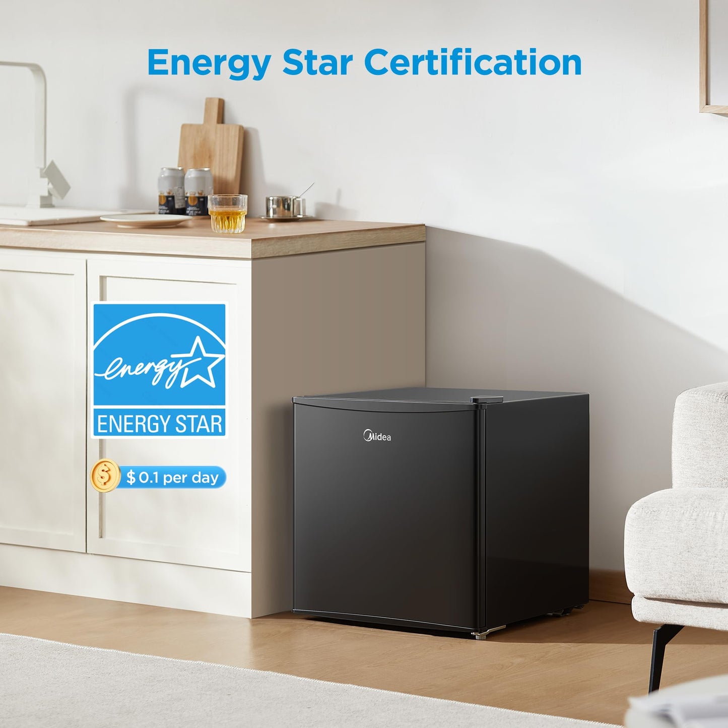 Midea WHS-65LB1 Compact Single Reversible Door Refrigerator, 1.6 Cubic Feet(0.045 Cubic Meter), Black