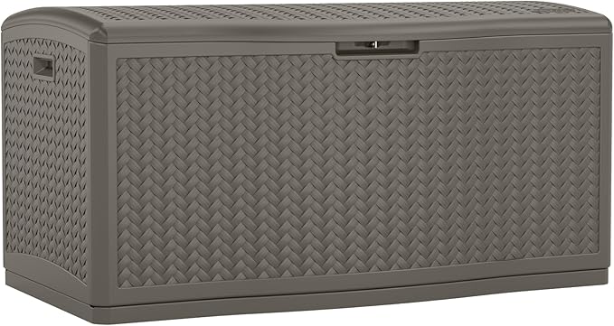 Suncast Extra Large Deck Box - 124 Gallon Resin Outdoor Storage Box with Lockable Lid for Outdoor Cushion Storage, Toys, & Garden Gear, Stoney Grey Wicker Bin for Patio, Porch, Pool, & Yard
