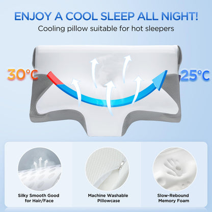 Effective Pain Relief Cervical Neck Pillow for Sleeping, Memory Foam Pillows for Neck Support, Odorless Contour Side Pillow, Ergonomic Bed Pillow for Back Stomach Sleeper (Grey and White)