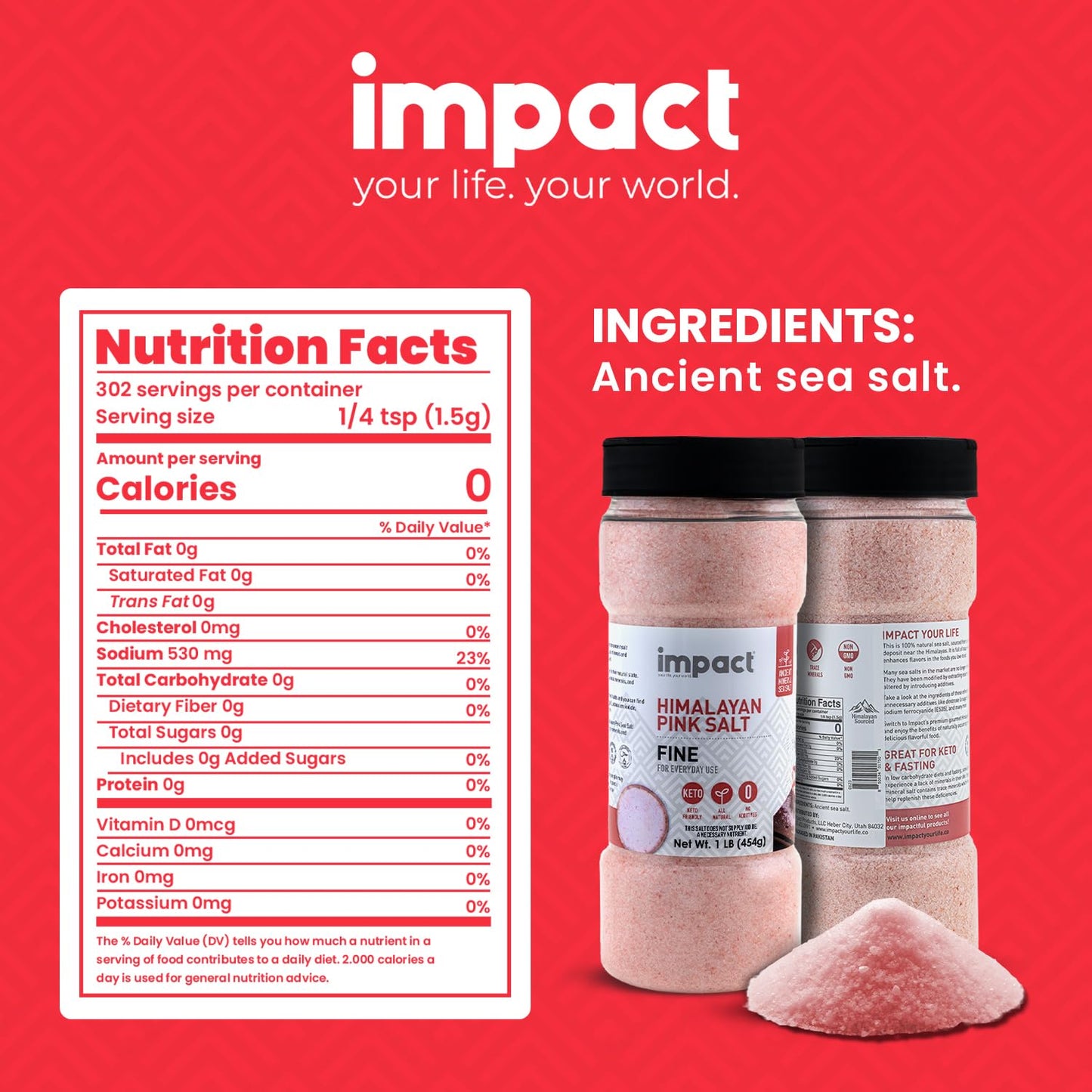 Impact - Fine Himalayan Pink Sea Salt - No Additives Rich in Trace Minerals Non-GMO Gluten-Free Ideal for Low-Carb Fasting Cooking - 1lb Shaker