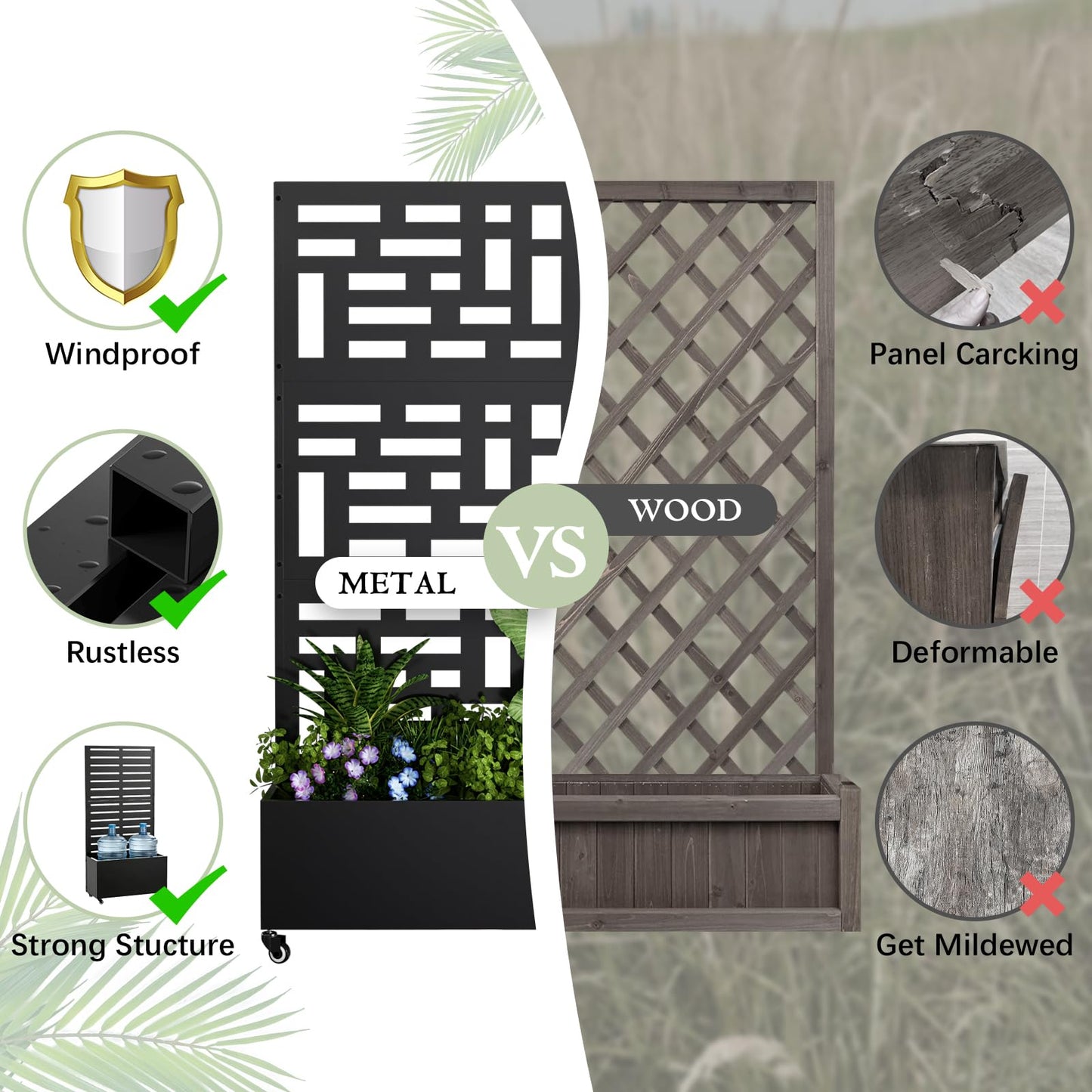 Baotree Metal Raised Garden Bed with Trellis and Wheels, 72"x 35"x 16" Privacy Planters for Patio, Planter Box with Drainage Holes for Climbing Plants, Flower, Vegetable (Black-Helen)