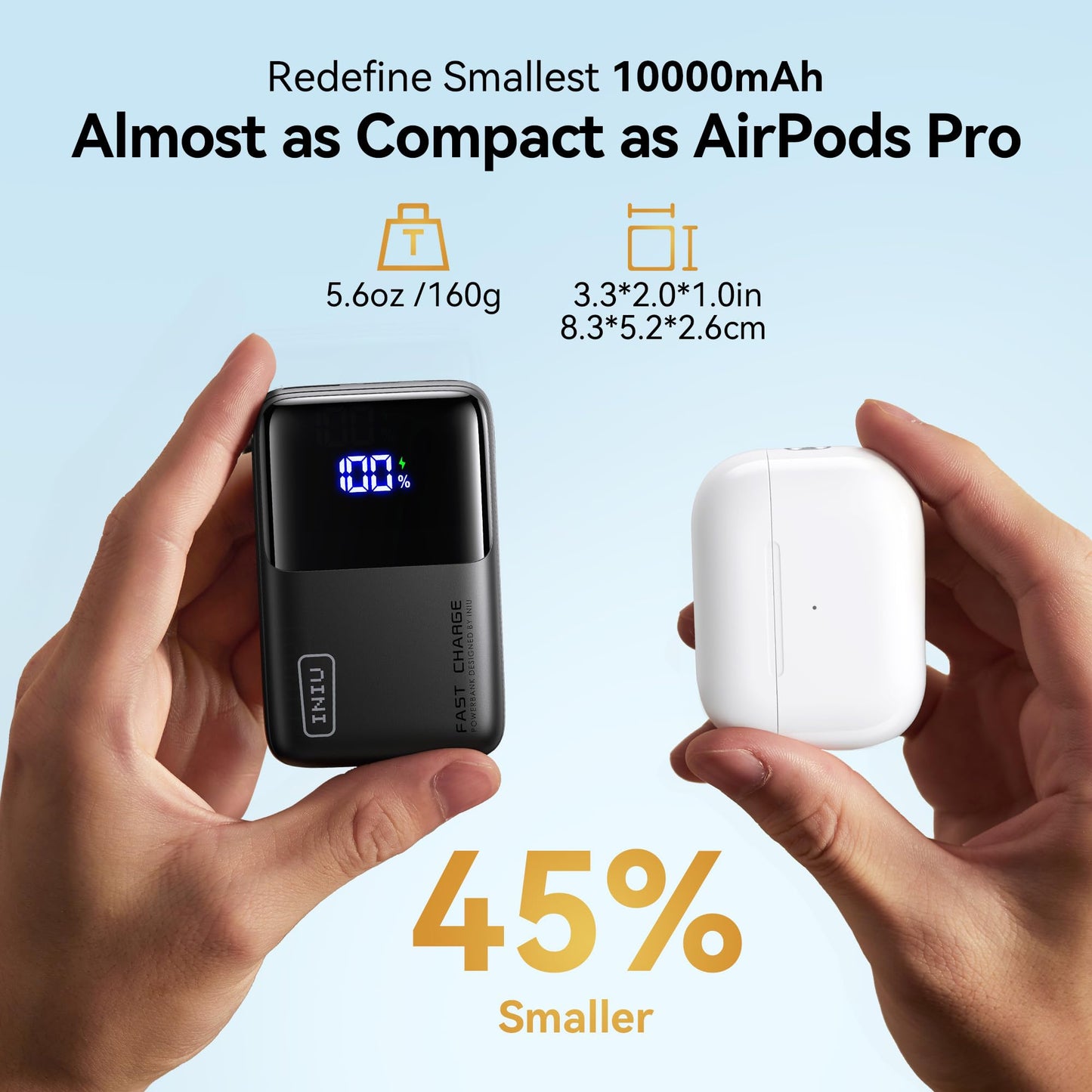 INIU Pocket Size Portable Charger, Ultra Small 10000mAh 45W PD Power Bank, USB C in&Out Fast Charging Battery Pack, Travel Essentials Powerbank for iPhone 17 16 15 14 Pro Air, Xiaomi, Samsung S24 etc