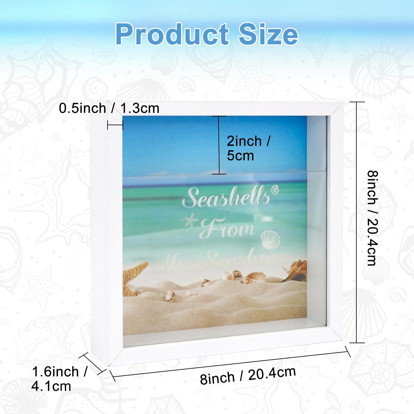 FramePro 8"x8" Seashell Holder Display case-Seashells Agates Shark Teeth Starfish Trinke, Seashell Collection Box Decorative Shadow Box with Real Glass ,Wall Mount or Tabletop (White)
