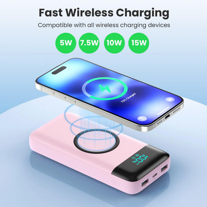 Wireless Portable Charger 40800mAh with 3 Built-in Cables,7-in-1 15W Wireless Charging Power Bank,25W PD QC 4.0 Fast Charging USB C LCD Display Battery Pack for iPhone 17/16/15/13,Samsung,Android etc
