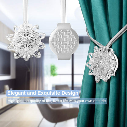 AULEEP Magnetic Curtain Tiebacks, 4 Pack Magnetic Decorative Drapes Curtain Clips Buckle, Flower Curtain Tie Back, European and American Style (Silver)