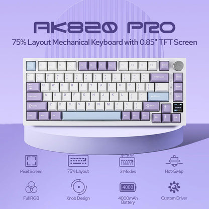 EPOMAKER Ajazz AK820 Pro 75% Wireless Mechanical Keyboard with TFT Smart Display&Knob, Gasket-Mounted Gaming Keyboard, Bluetooth/2.4GHz/USB-C Wired (Purple, Gift Switch)