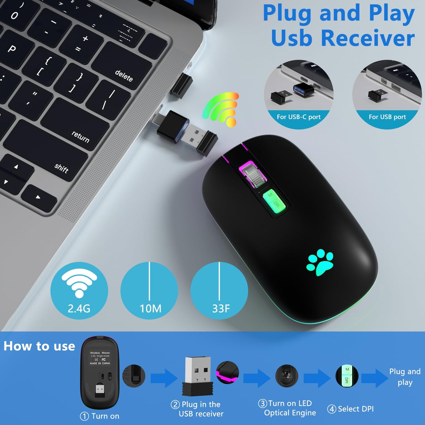 KARFUN Wireless Mouse, Backlit LED Portable Slim Computer Mouse for Laptop, PC, Computer, MacBook, iPad, Chromebook, Notebook, 2.4G Rechargeable Wireless Mouse (Black) (Black-Transparent Nose)