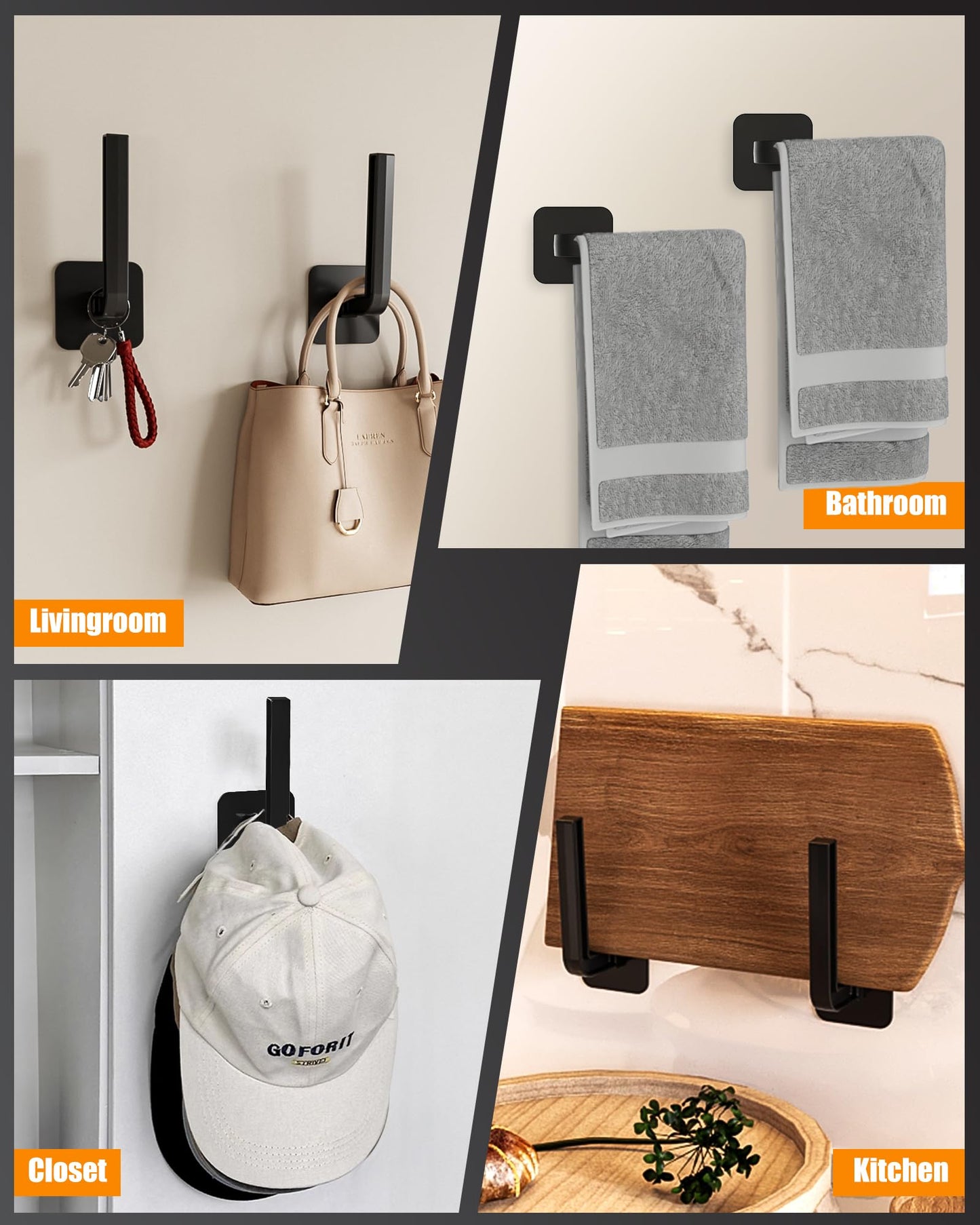 Sunfanie Hat Rack for Hat Storage (4-Pack), Multi-Purpose Hat Organizer, Strong Adhesive Hooks for Wall Organizer for Baseball Caps, Two Mounting Options Hook, Black