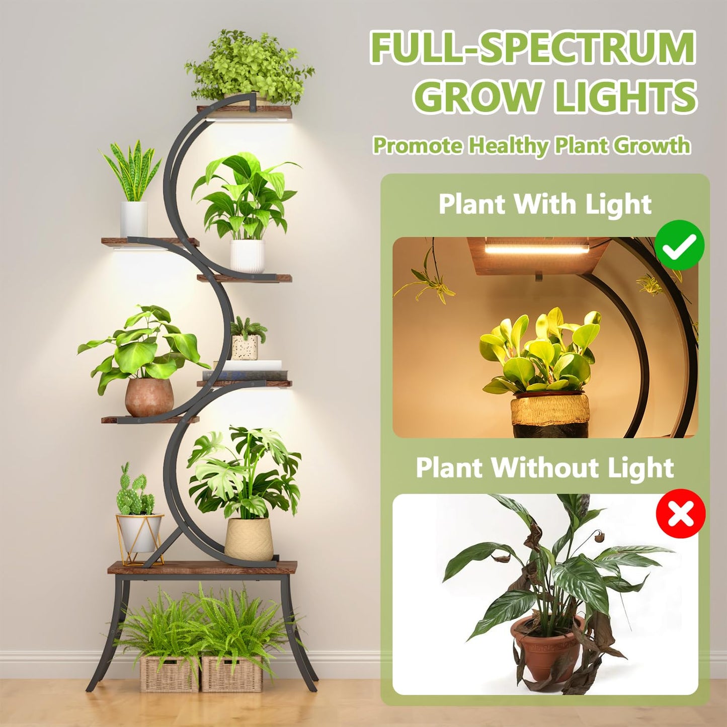 Nevsokio Indoor Plant Stand with Grow Lights 63 Inch Large Tall Planting Pots 6-Tier Metal Corner Flower Shelf Small Plant Rack Home Decor Display