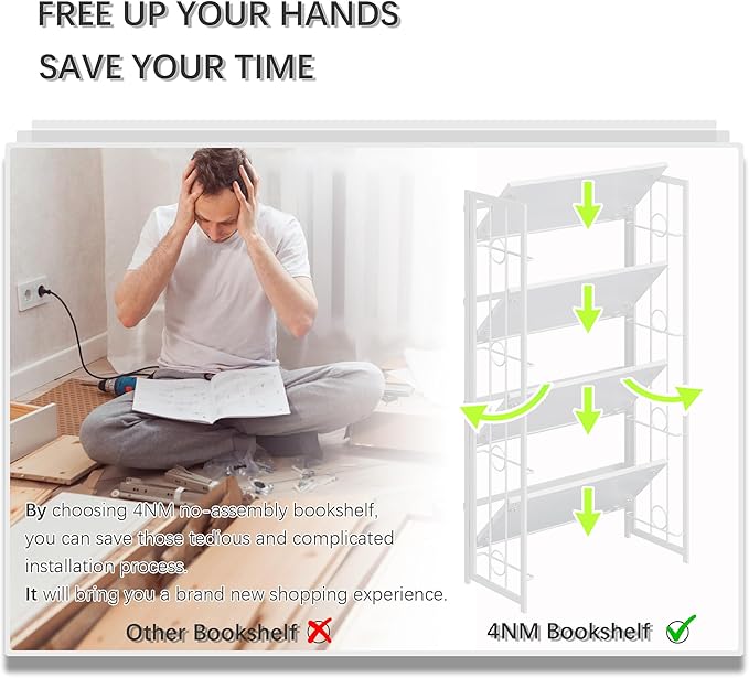 4NM No Assembly 4 Tiers Folding Bookshelf, 47.2" H Foldable Storage Shelves