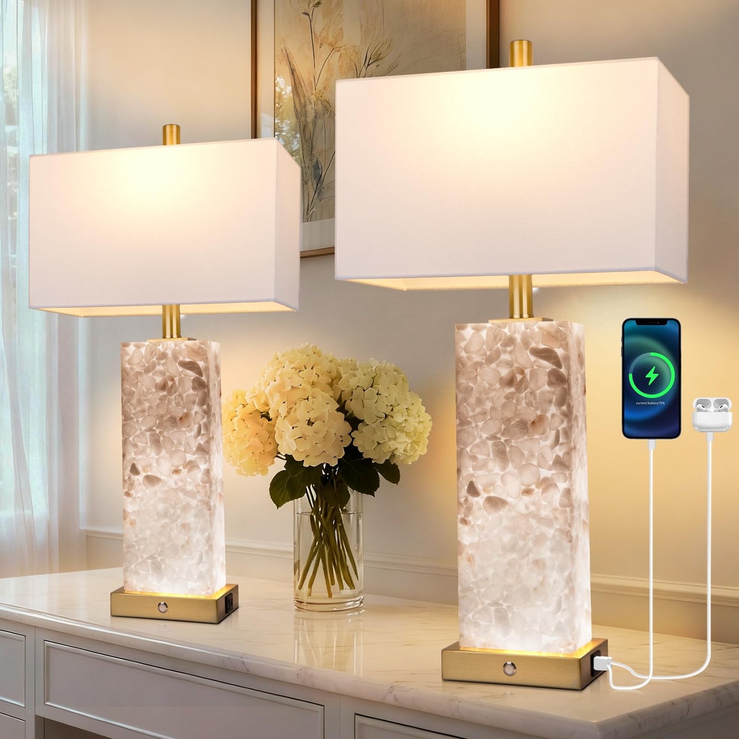 2-Pack 25.6" Alabaster Lamps, Marble Lamp Nightstand Lamps Set of 2, 3-Color Temperatures Bedside Lamps with Nightlight, Modern Table Lamp with USB Ports for Living Room Bedroom Hotel, Bulbs Included