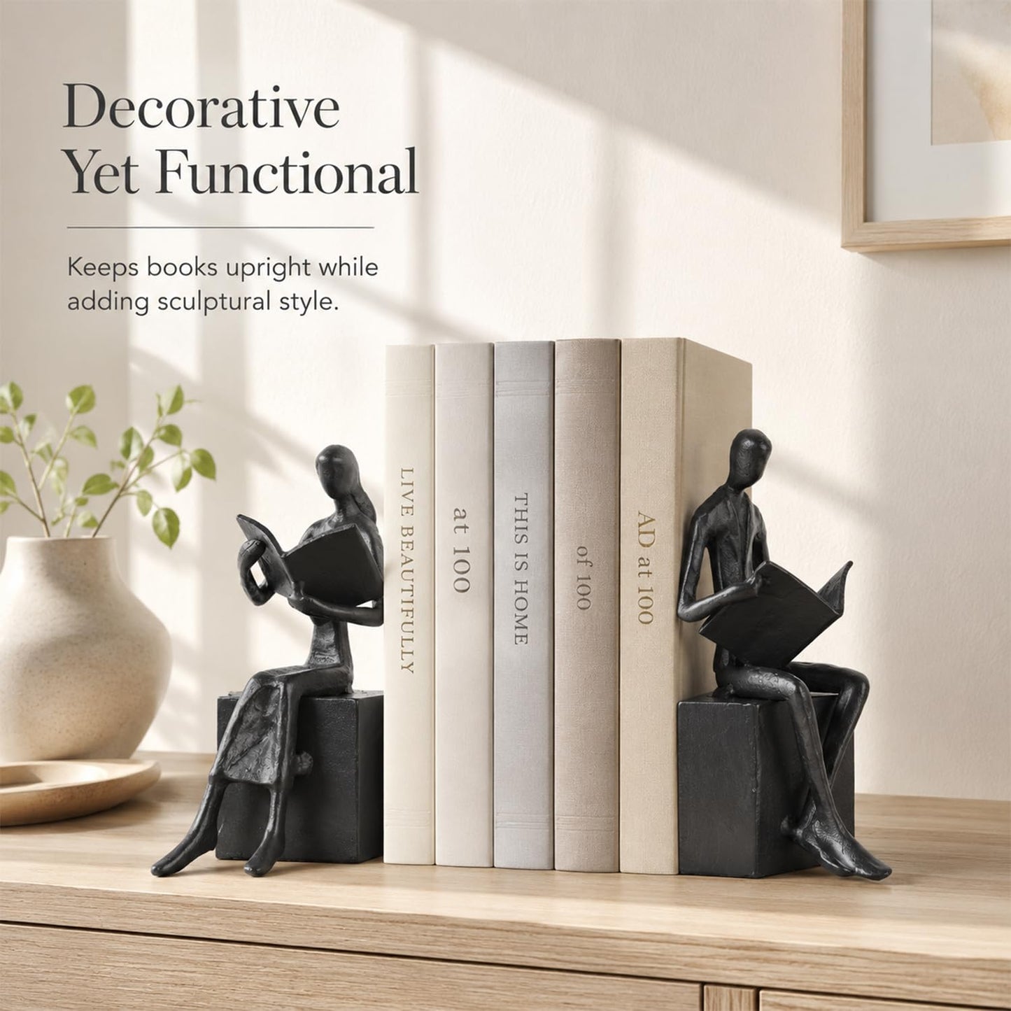 Iron Decorative Bookends for Heavy Books, Black Reading Couple Book Ends Decorative, Metal Thinker Bookends for Shelves Shelf Bookshelf Books Home Office Aesthetic or Book Lovers Gifts