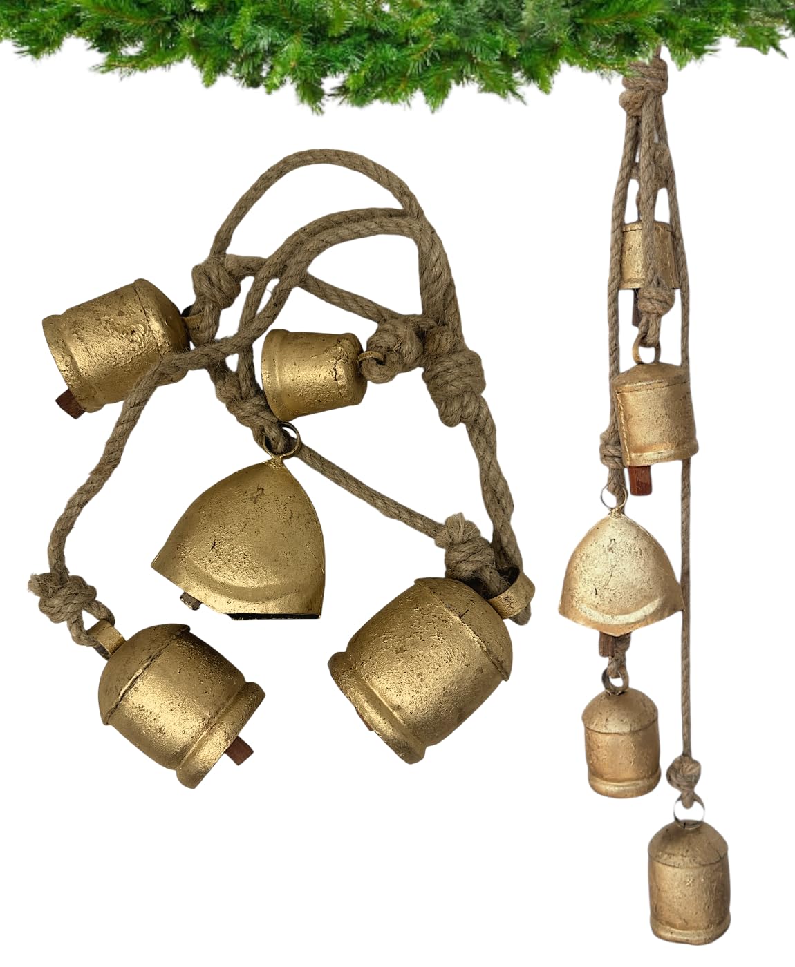 RW Handmade Iron Bell Hanging Chime 5 Bells Cluster for Wreaths, Outdoor, Indoor, Christmas, Decorations, 29 Inch Long Jute Rope