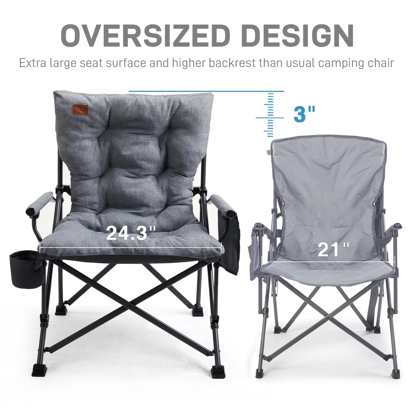 EVER ADVANCED Padded Oversized Folding Camping Chair for Adults, Heavy Duty Lawn Chair with Side Pockets, Portable Collapsible Quad Chair for Outside, Support Up to 500lbs, Grey