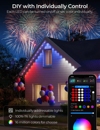 SMAVISTA Smart Permanent Outdoor Lights Pro, 50ft 30LED RGB+IC+Warm/Cool White for Daily, 100+ Scene Modes, Waterproof Eaves Light for Halloween Christmas Decor, Works with Alexa, Google Assistant