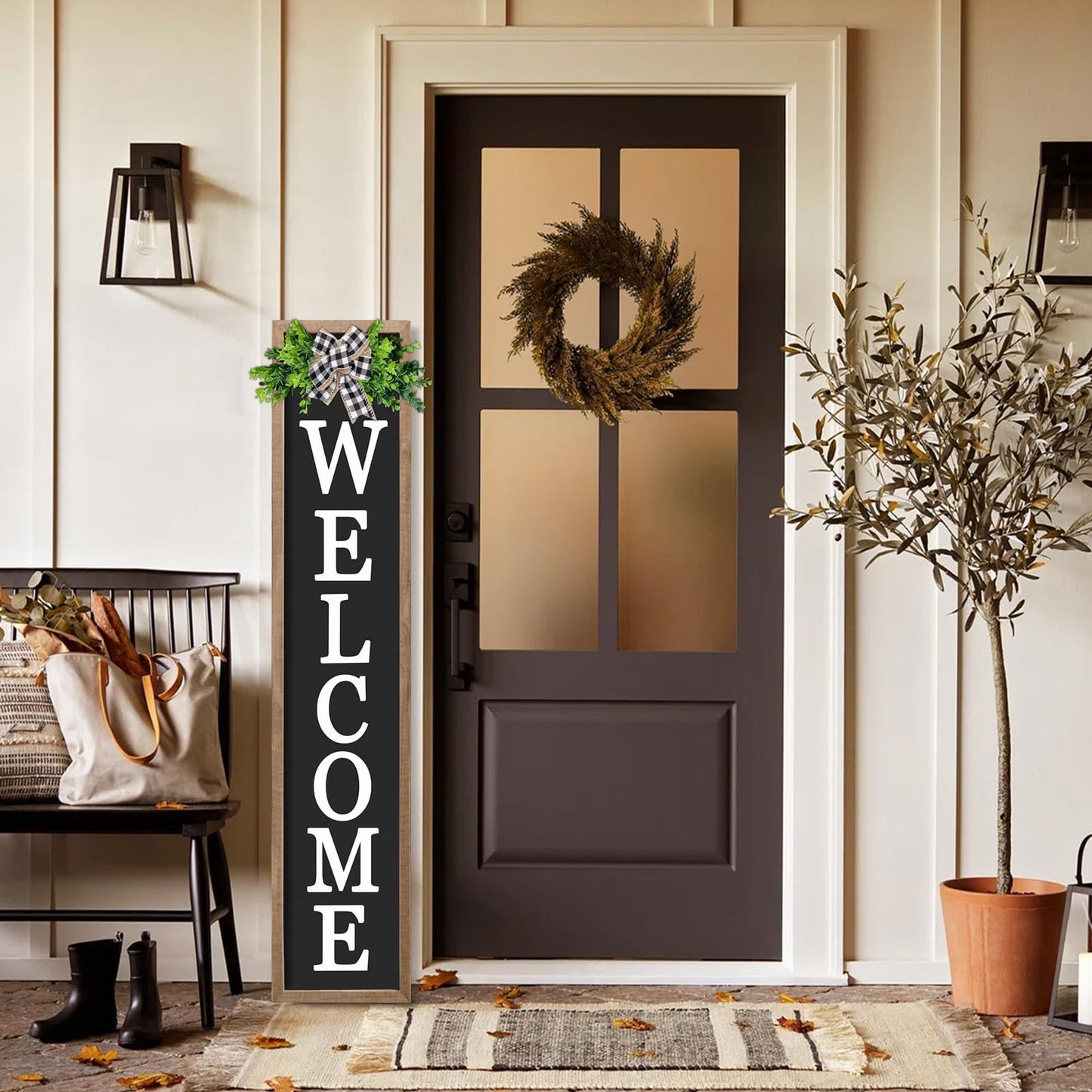 3D Outdoor Welcome Sign for Front Porch Standing 45"X9" Large Rustic Farmhouse Leaner Tall Vertical Soild Wooden Framed Plaque Modren Beautiful Outside Home Front Door Decorations (Wood Black)