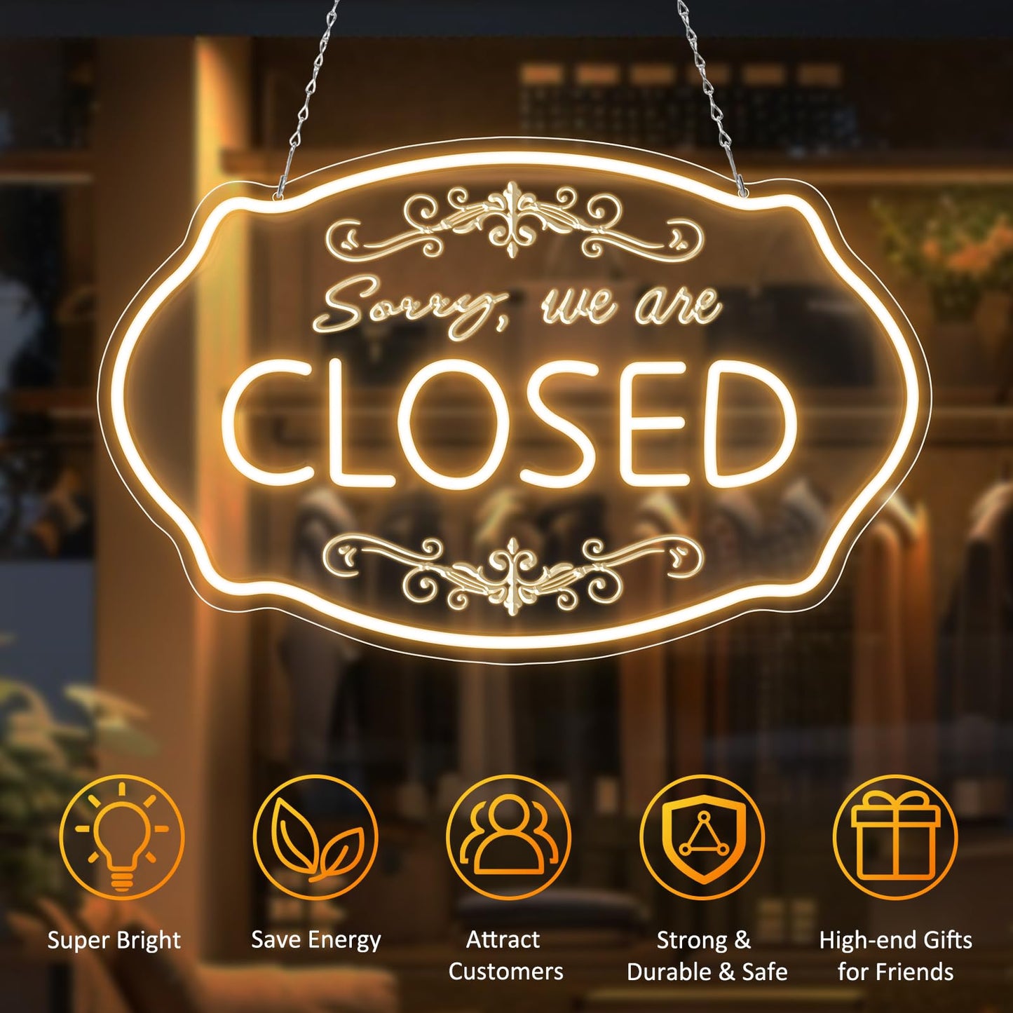 LED Neon Closed Sign for Business, 16.5x10'' Sorry We’re Closed Signs, Warm White Adjustable Brightness Neon Lights for Party, Bar, Salon, Stores, Hotel, Wall Decor, Clubs, office, Hotels