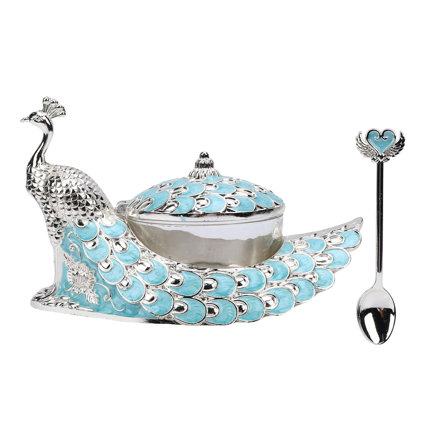 NOENNULL Sugar Bowl with Lid and Spoon Peacock Shaped Vintage Exquisite Embossed Sugar Container for Home Kitchen Coffee Bar Accessories