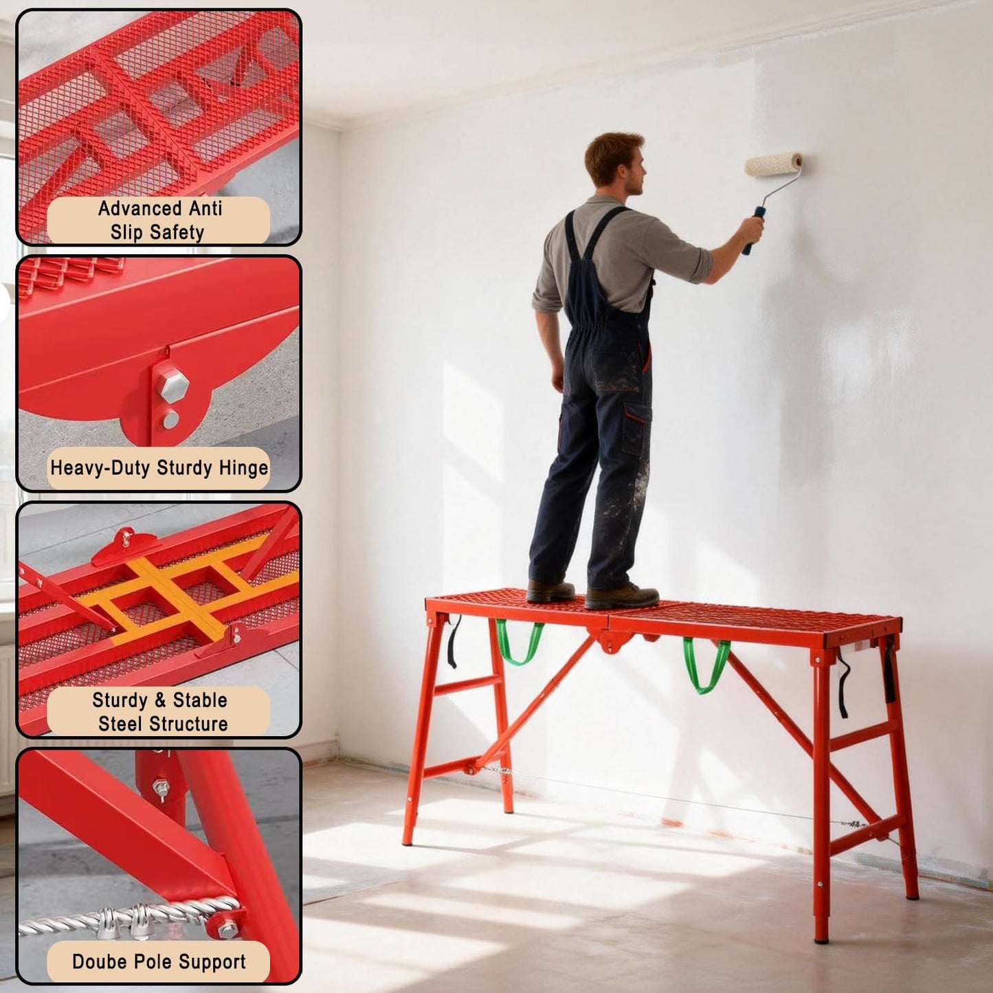 800LBS Foldable Scaffolding Platform, 71x16x60 Inch Alloy Steel Adjustable Height Portable Work Ladder, Ideal for Standard Staircase Painting Wiring Car Wash Home Decor & Industrial Maintenance