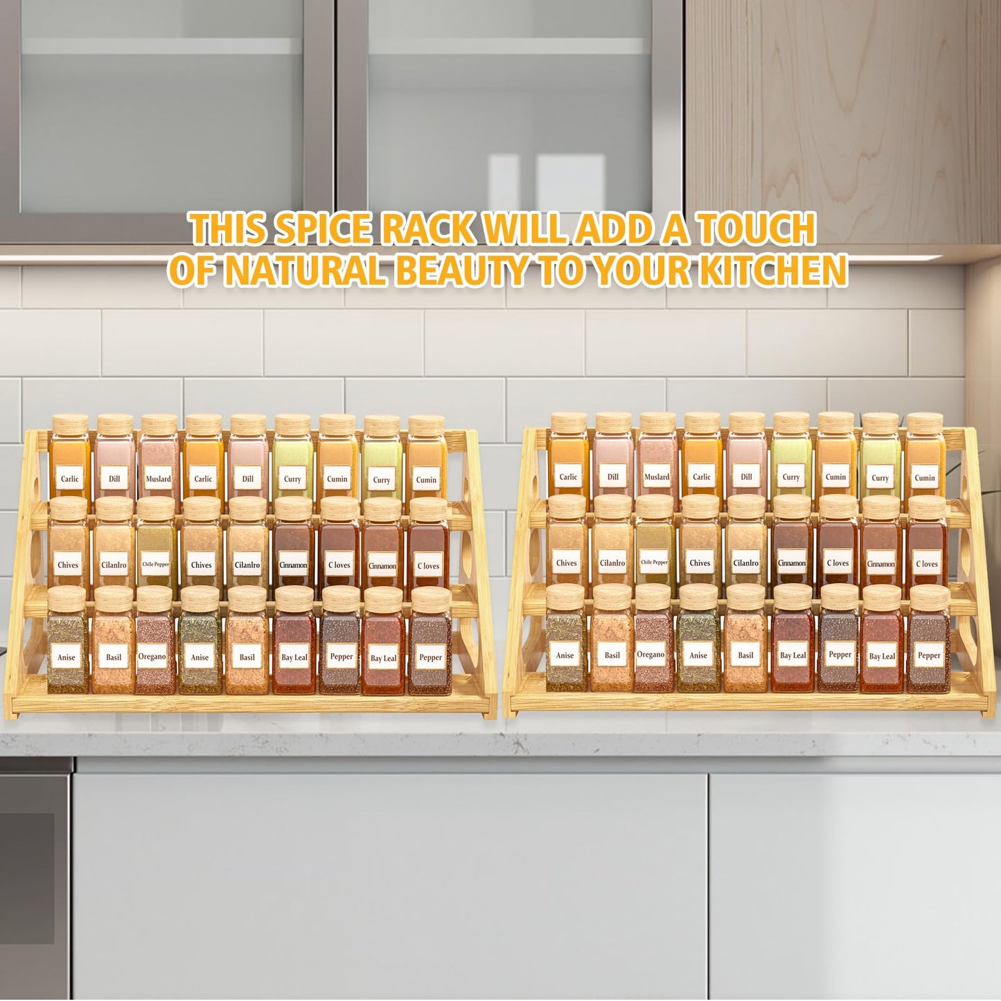 Banlilus Premium Spice Rack - 3 Tier Bamboo Spice Rack Organizer - Spice Organization for Kitchen Cabinet/Countertop
