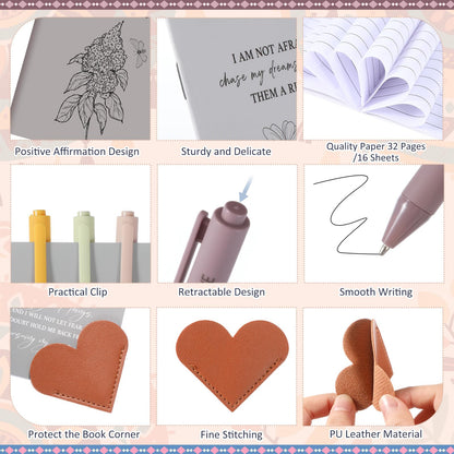 Kosiz 12 Sets Positive Affirmation Gifts Bulk, Motivational Quote Notebooks Inspirational Pens Leather Heart Bookmarks Bags Encouragement Gift Set for Mother's Day Teachers Employee Appreciation Event