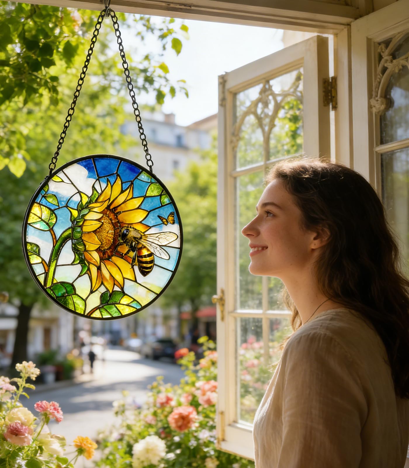 NGOKPYD Stained Glass Window Hanging Sun Catcher Garden Decor Sunflower Flower and Bees on a Branch for Window Doors Home Decoration and Christmas, Mother's Day Birthday Gifts for Women Men Mom 7.8 in