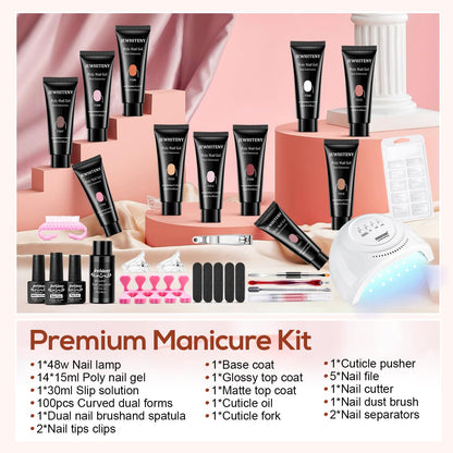 JEWHITENY Poly Extension Gel Nail Kit 14 PCS Poly Gel Kit with Slip Solution and Mini Lamp Nail Art Design Beginner