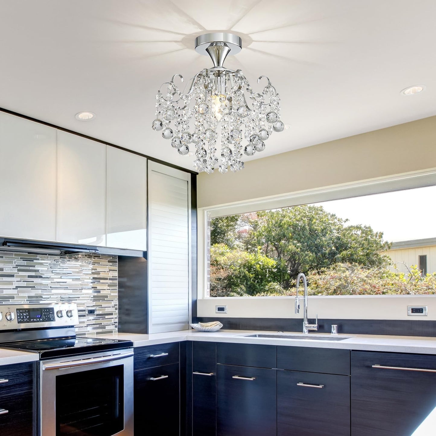 WUZUPS Crystal Chandelier Flushmount Ceiling Light Modern Lighting Fixture for Bedroom Hallway Bar Kitchen Bathroom, H 13.4" x W 12.6", E26 Base, Chrome