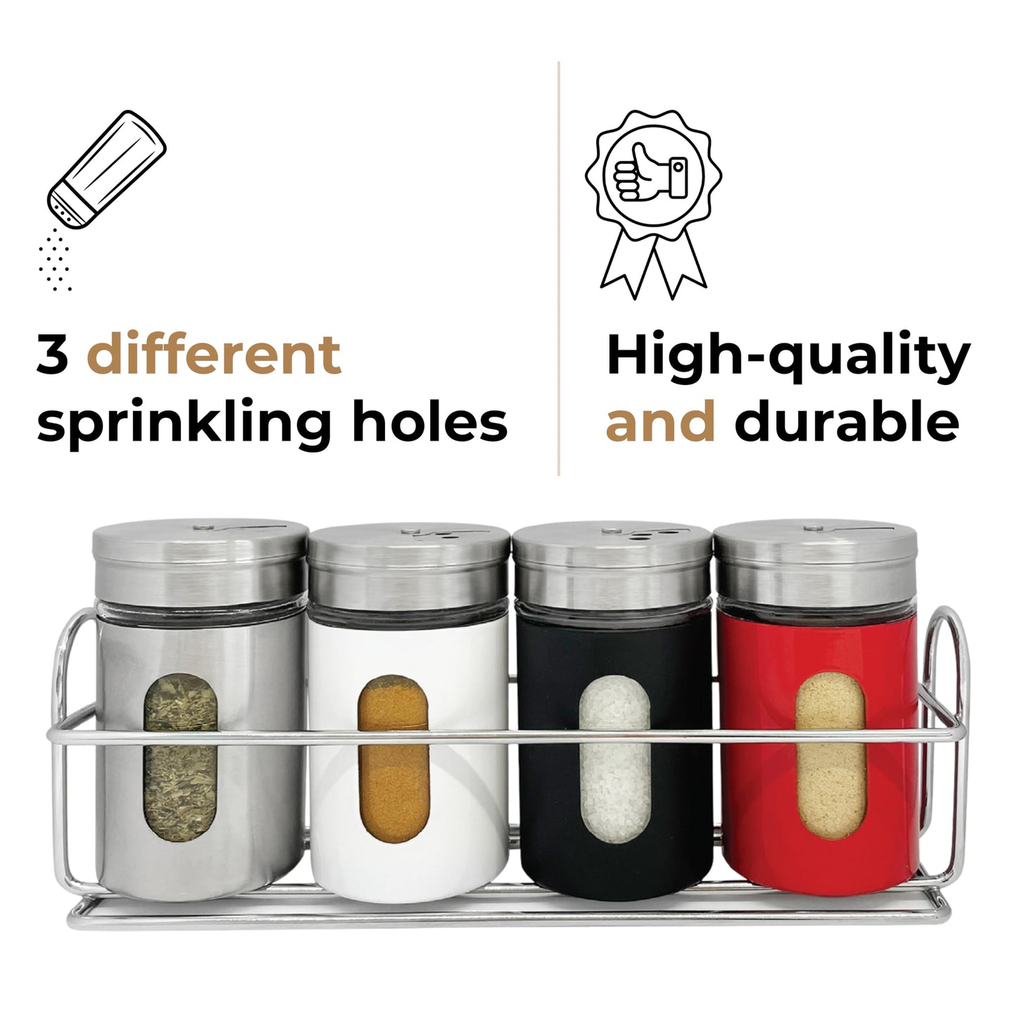 JS Gourmet 4 Pcs Stainless Steel Spice Seasoning Container Jars with Storage Rack, Perfect for Storing Spices, Salt, Pepper, Sugar and Dry Ingredients