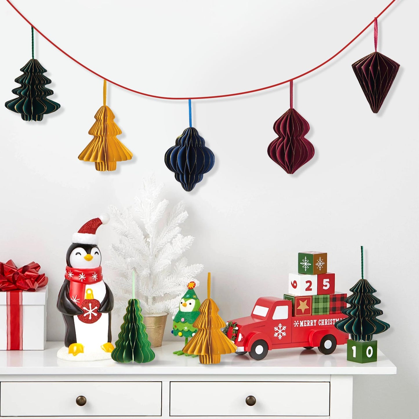 OBBOLO Paper Christmas Tree Ornaments, Red and Green Xmas Party Decorations, 6PCS 3D Mini Glitter Edges Paper Honeycomb Ornaments for Xmas, New Years, Holiday Home Decor