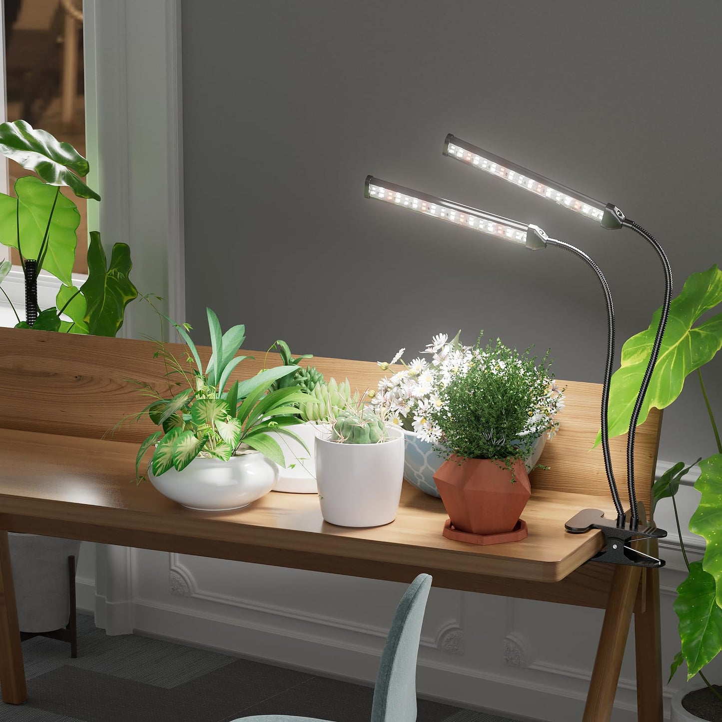 GooingTop Grow Light LED Gooseneck Lamp,Dual-Head White Full Spectrum 148 LED Plant Lamp with Red Blue Light Clip-on Desk for Indoor Plants Growing,Diming & Auto Timer,Super Bright